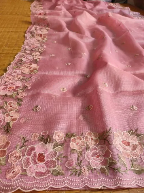 Ethereal Grace: Intricately Embroidered Kota Doria Saree